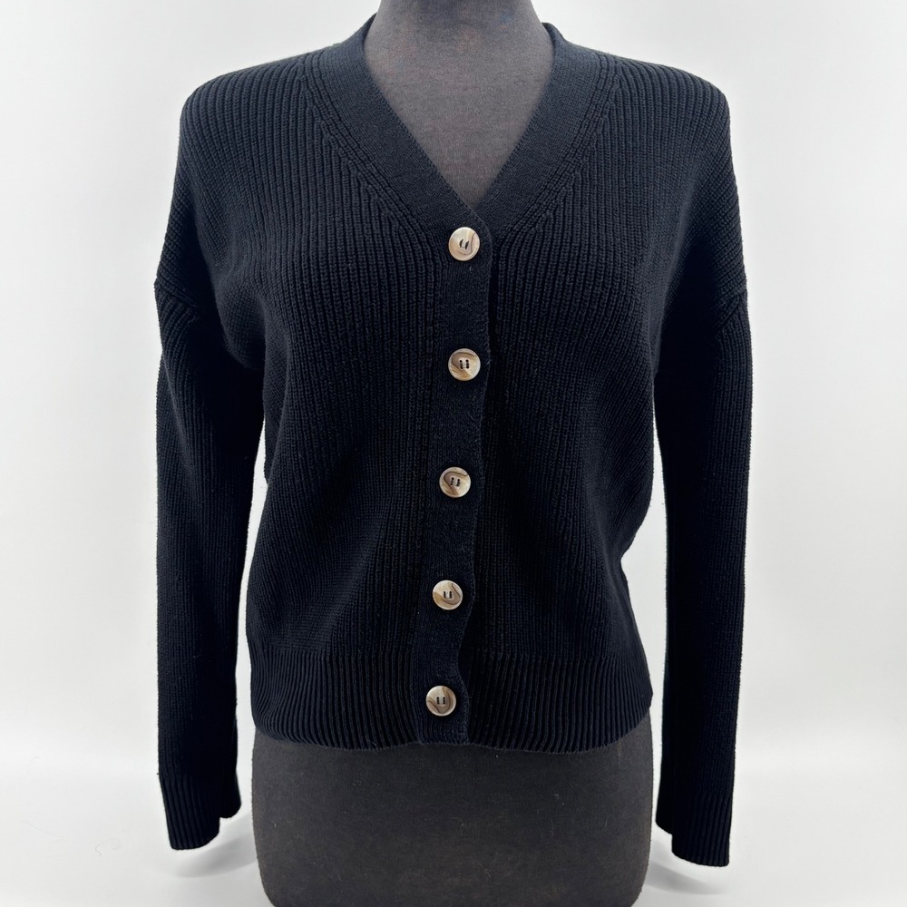 Hudson Los Angeles Womens Ribbed V-Neck Cardigan Sweater Black Small